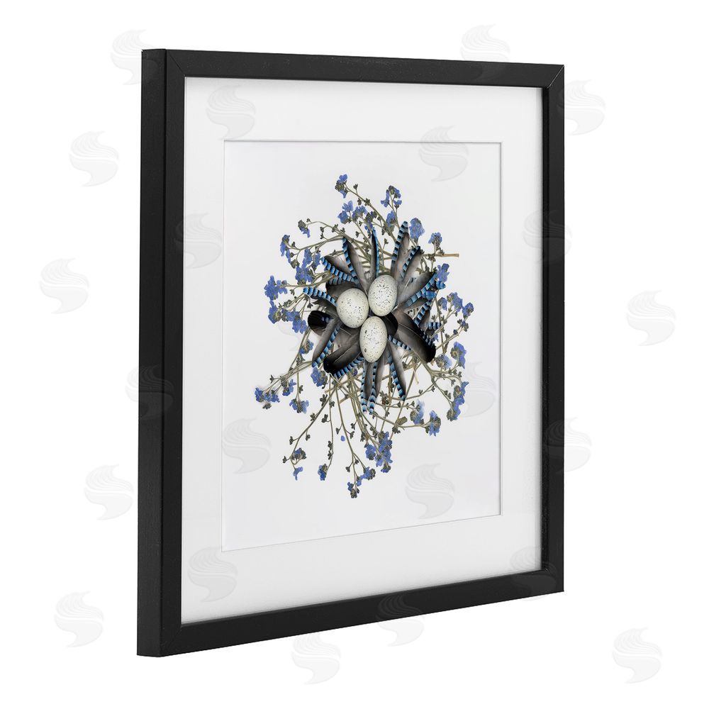 Beth Adoette Feathered Nest & Blue Florals Black Framed Print Under Glass Wall Art
