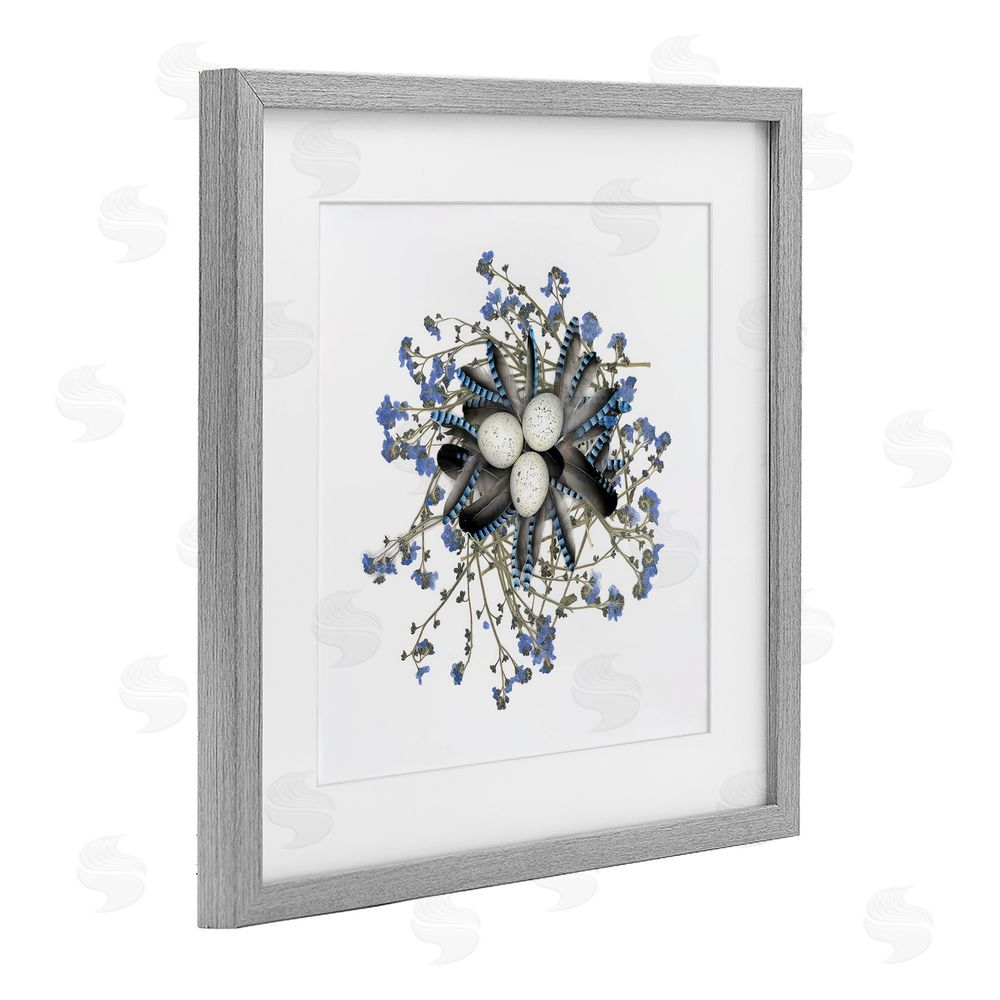 Beth Adoette Feathered Nest & Blue Florals Gray Framed Print Under Glass Wall Art
