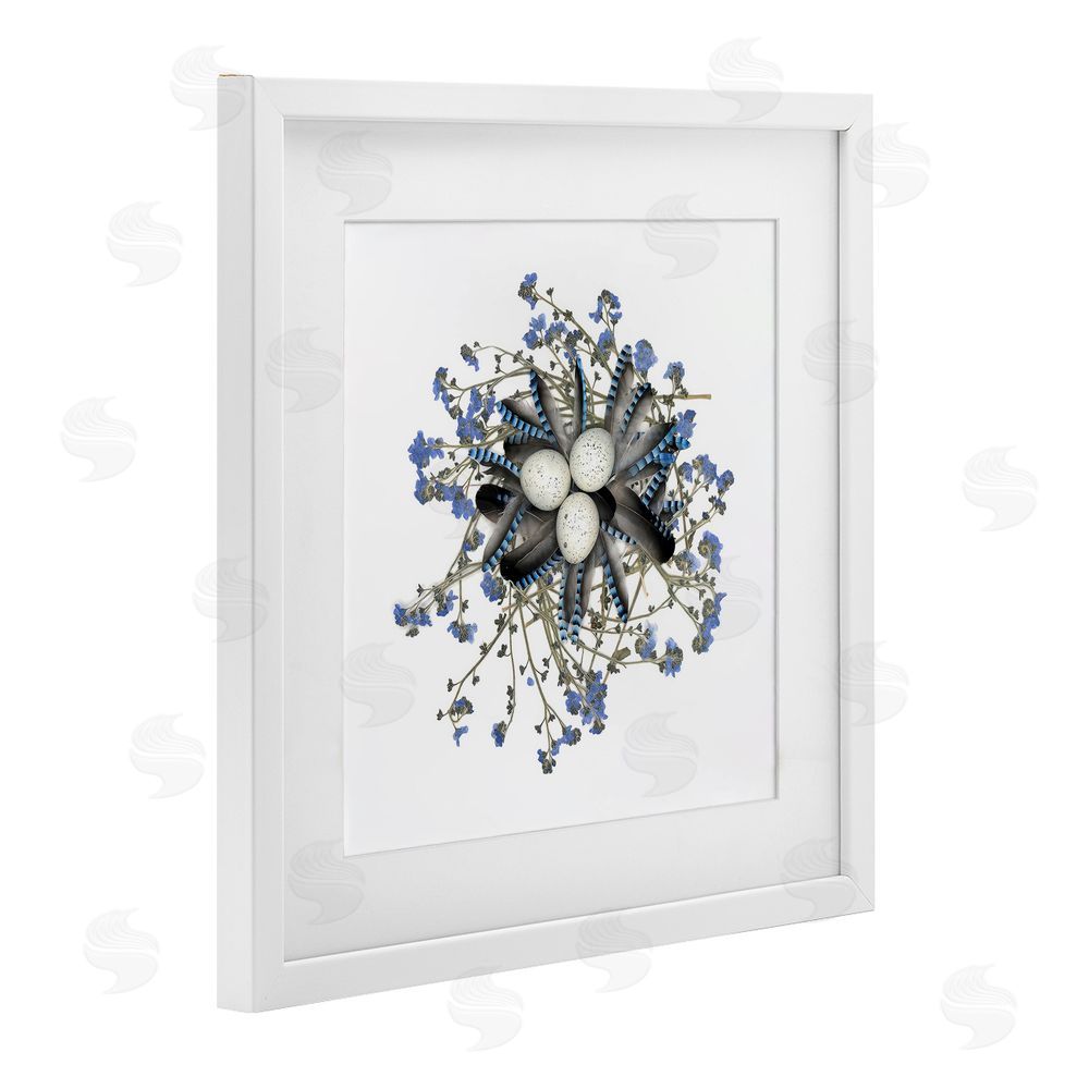 Beth Adoette Feathered Nest & Blue Florals White Framed Print Under Glass Wall Art
