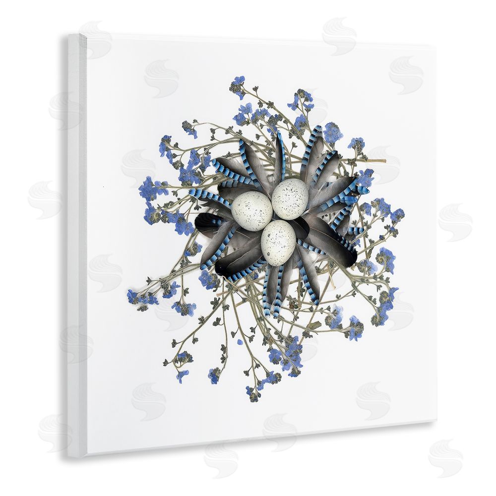 Beth Adoette Feathered Nest & Blue Florals Wooden Wall Plaque Art Print