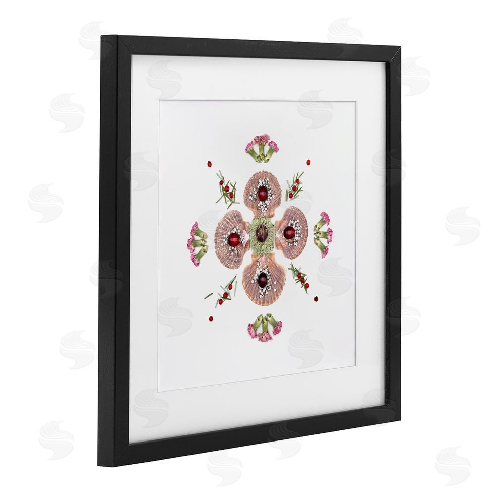 Beth Adoette Clam Shells & Botanicals Pattern Black Framed Print Under Glass Wall Art