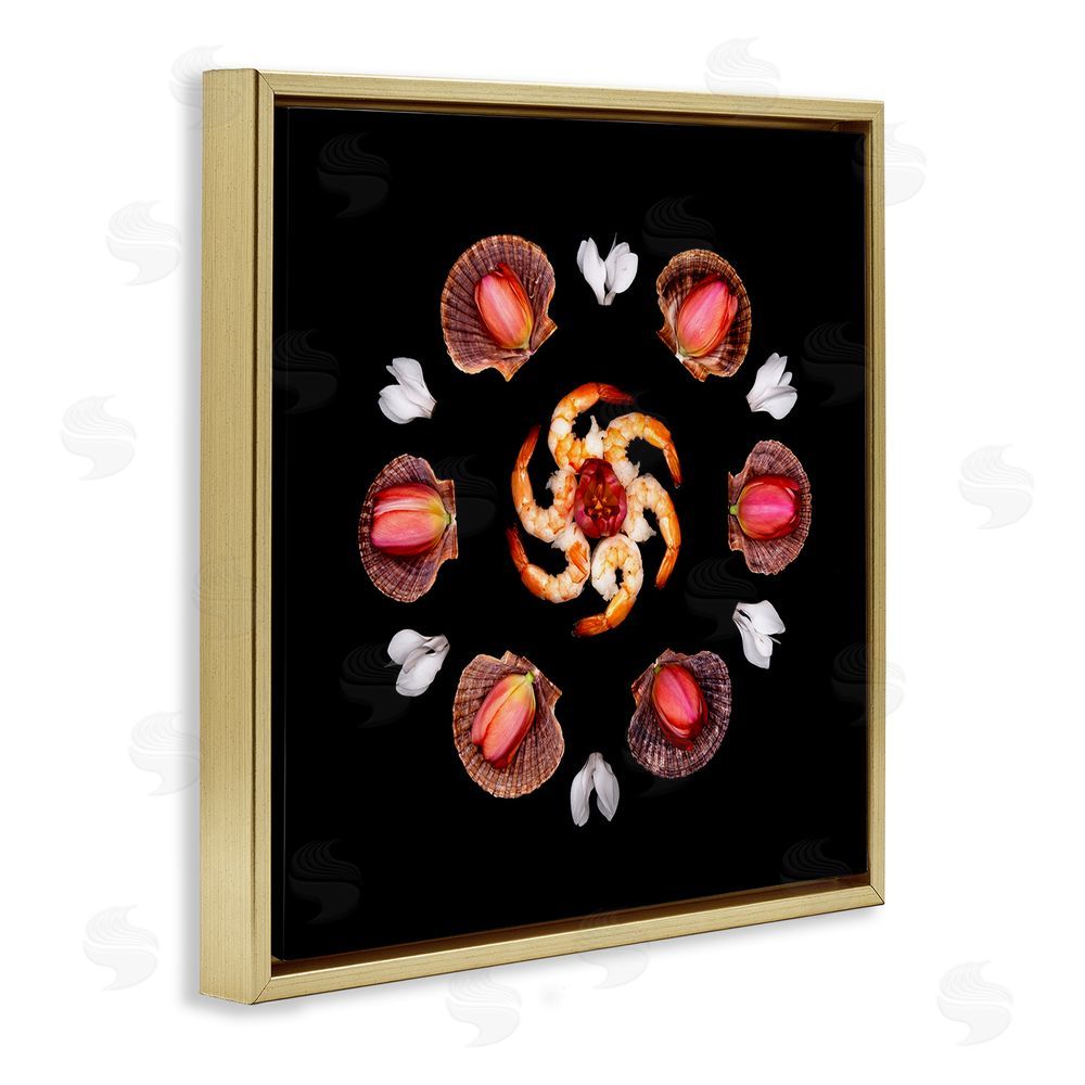 Beth Adoette Seashells & Tulips Symmetry Gold Floating Frame Canvas Wall Art Print