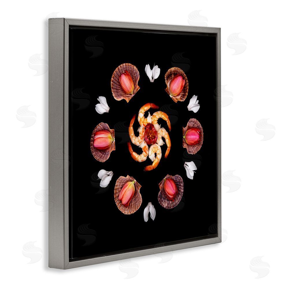 Beth Adoette Seashells & Tulips Symmetry Gray Floating Frame Canvas Wall Art Print