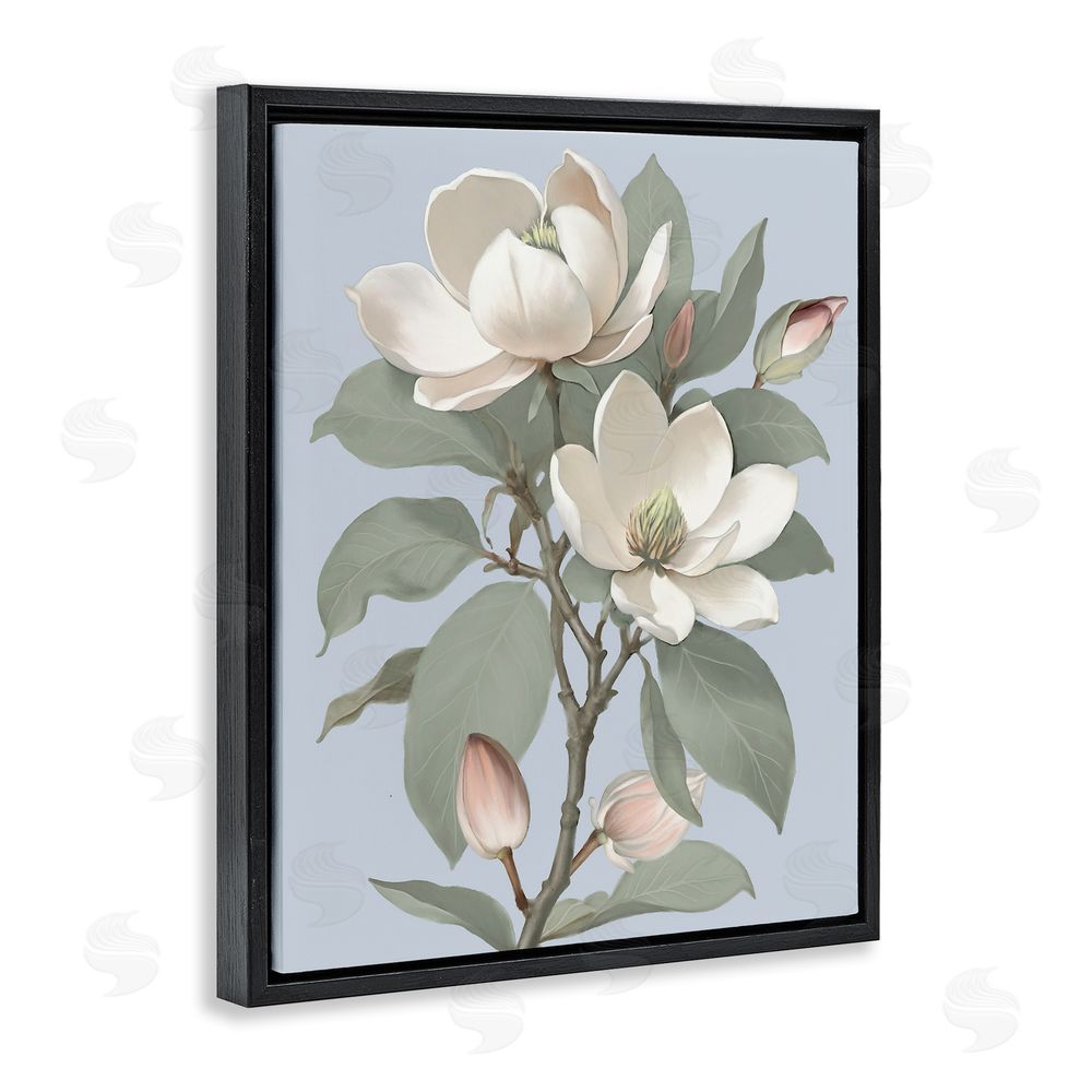 Elizabeth Medley Magnolia Pair on Soft Blue Black Floating Frame Canvas Wall Art Print