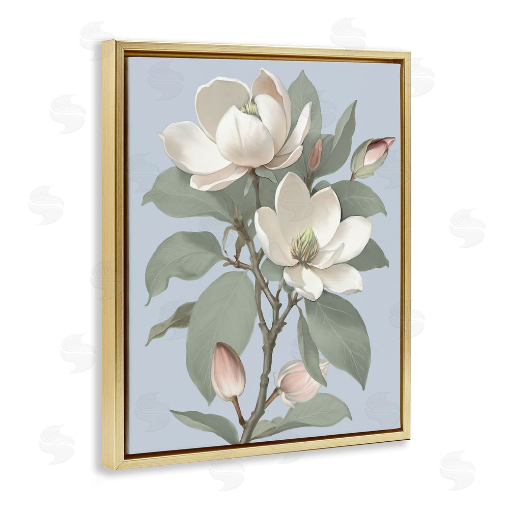 Elizabeth Medley Magnolia Pair on Soft Blue Gold Floating Frame Canvas Wall Art Print