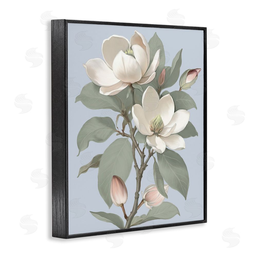 Elizabeth Medley Magnolia Pair on Soft Blue Black Framed Giclee Wall Art Print
