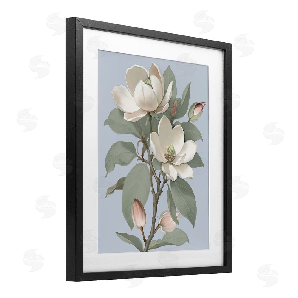 Elizabeth Medley Magnolia Pair on Soft Blue Black Framed Print Under Glass Wall Art