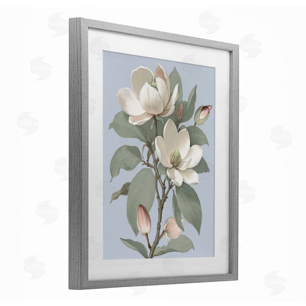 Elizabeth Medley Magnolia Pair on Soft Blue Gray Framed Print Under Glass Wall Art