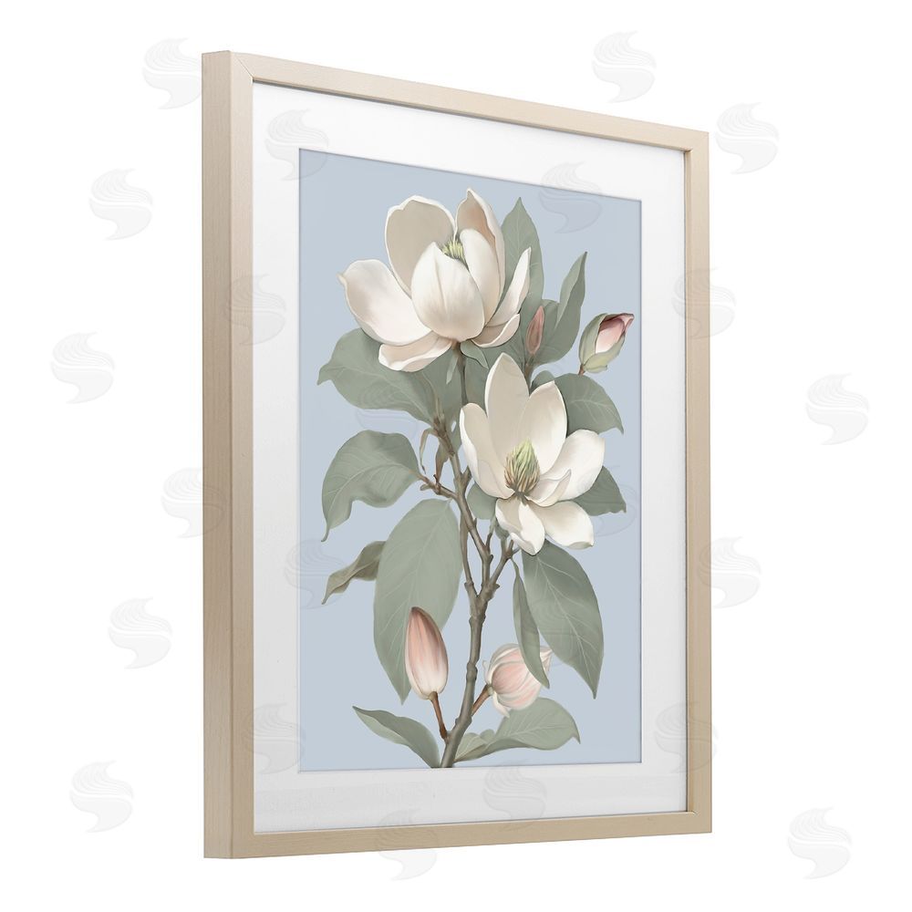 Elizabeth Medley Magnolia Pair on Soft Blue Brown Framed Print Under Glass Wall Art