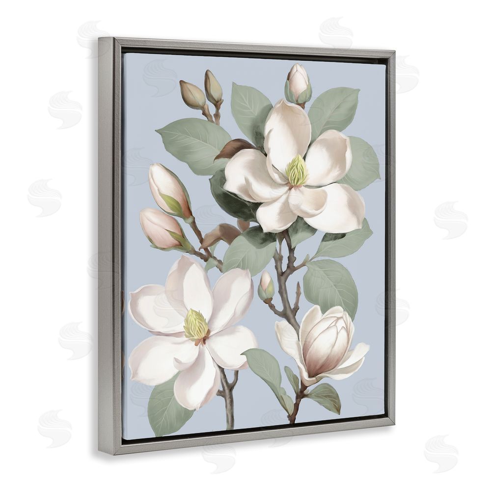 Elizabeth Medley Magnolias on Soft Blue Gray Floating Frame Canvas Wall Art Print