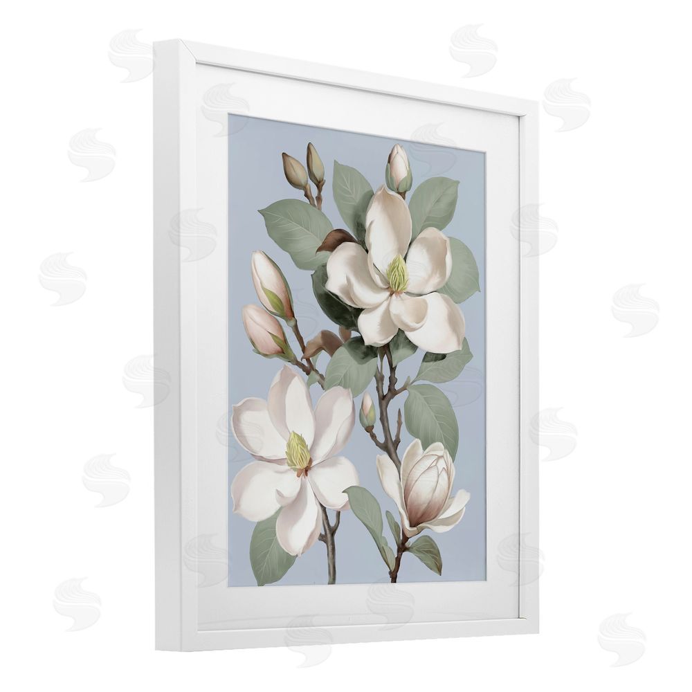 Elizabeth Medley Magnolias on Soft Blue White Framed Print Under Glass Wall Art