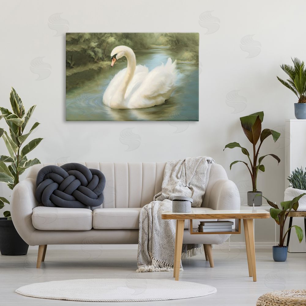 Elizabeth Medley Beautiful Swan Floating Gracefully Stretched Canvas Wall Art in Room