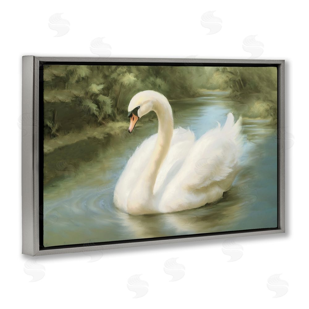 Elizabeth Medley Beautiful Swan Floating Gracefully Gray Floating Frame Canvas Wall Art Print