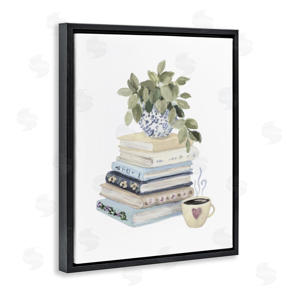 Lanie Loreth Coffee & Chapters Book Stack Black Floating Frame Canvas Wall Art Print