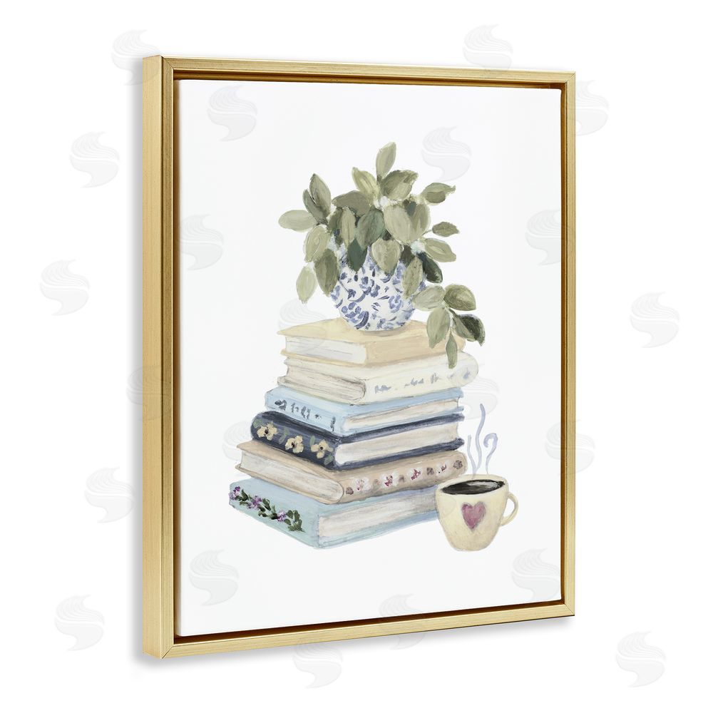 Lanie Loreth Coffee & Chapters Book Stack Gold Floating Frame Canvas Wall Art Print