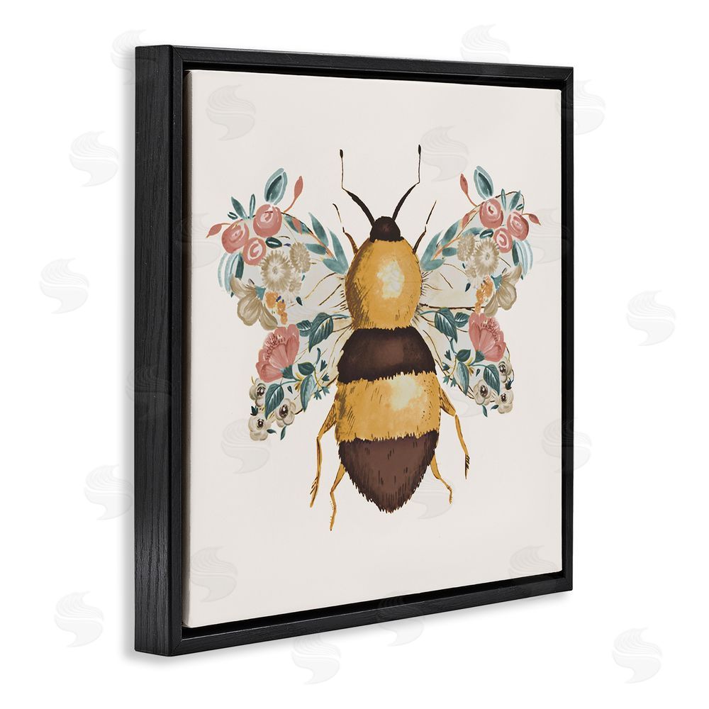 Ani Del Sol Floral Bee with Garden Wings Black Floating Frame Canvas Wall Art Print