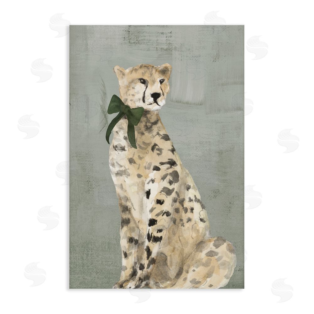 Lanie Loreth Fancy Cheetah with Green Bow Stretched Canvas Wall Art Print