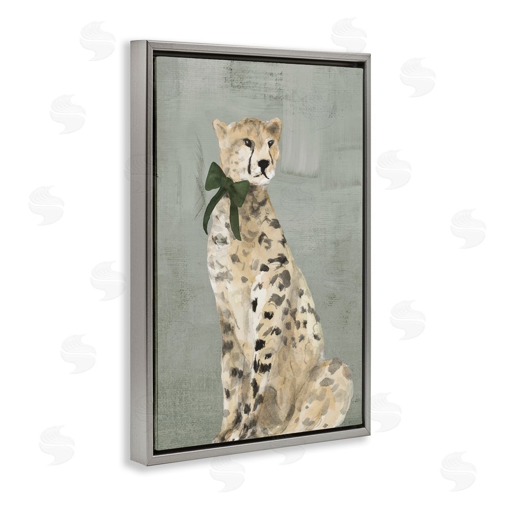 Lanie Loreth Fancy Cheetah with Green Bow Gray Floating Frame Canvas Wall Art Print