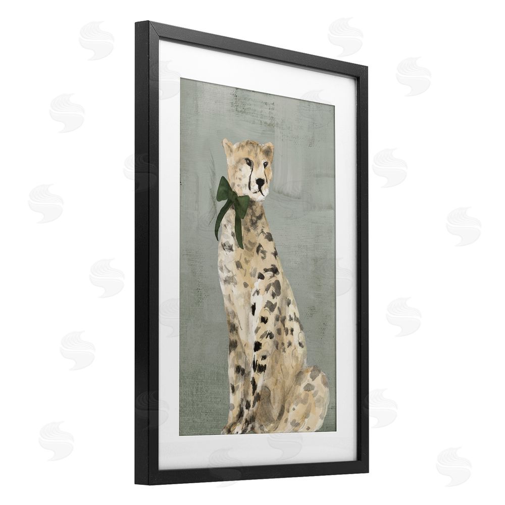 Lanie Loreth Fancy Cheetah with Green Bow Black Framed Print Under Glass Wall Art