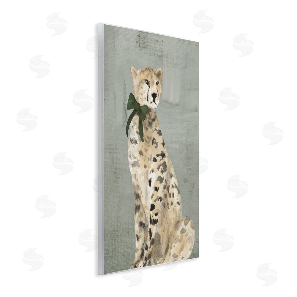 Lanie Loreth Fancy Cheetah with Green Bow Wooden Wall Plaque Art Print