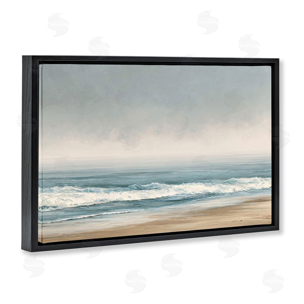 Jacky Ngan Tranquil Mist Beachscape Black Floating Frame Canvas Wall Art Print