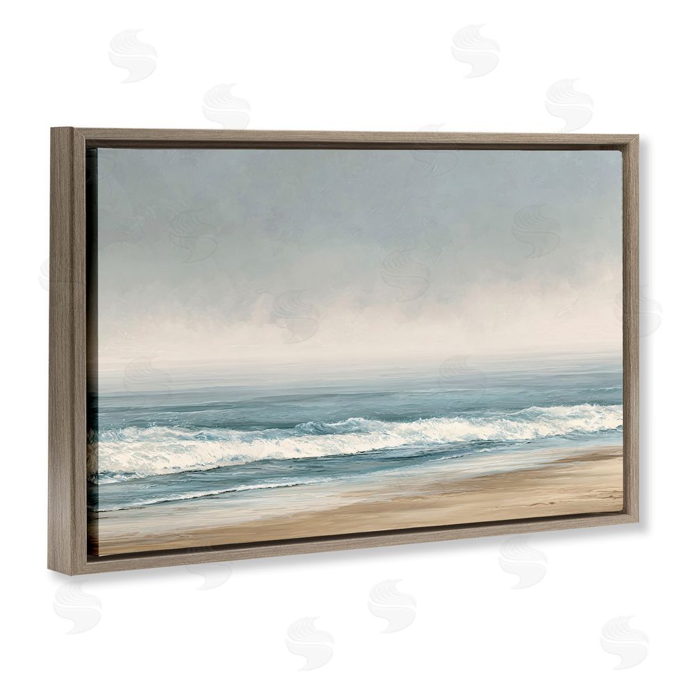 Jacky Ngan Tranquil Mist Beachscape Brown Floating Frame Canvas Wall Art Print