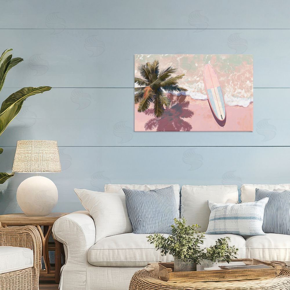 Jacky Ngan Blush Pink Surfboard & Palm Stretched Canvas Wall Art in Room