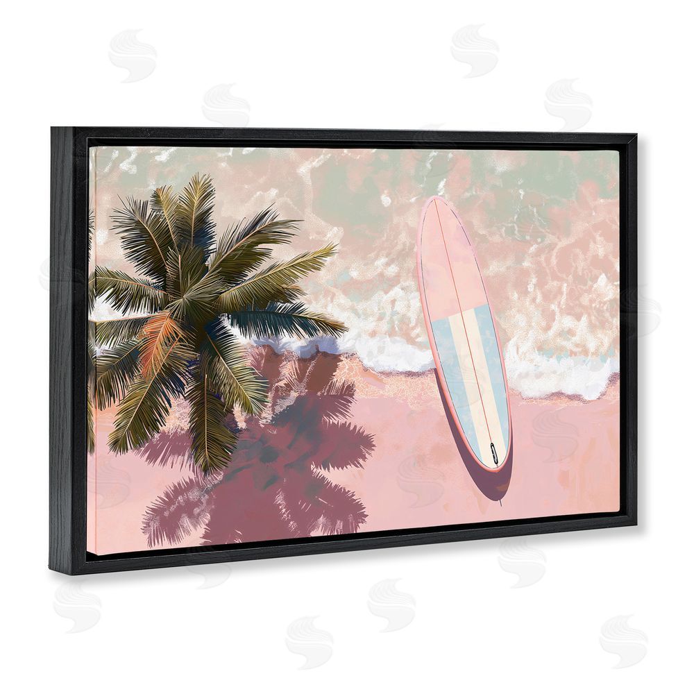 Jacky Ngan Blush Pink Surfboard & Palm Black Floating Frame Canvas Wall Art Print