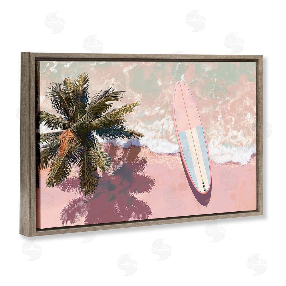 Jacky Ngan Blush Pink Surfboard & Palm Brown Floating Frame Canvas Wall Art Print