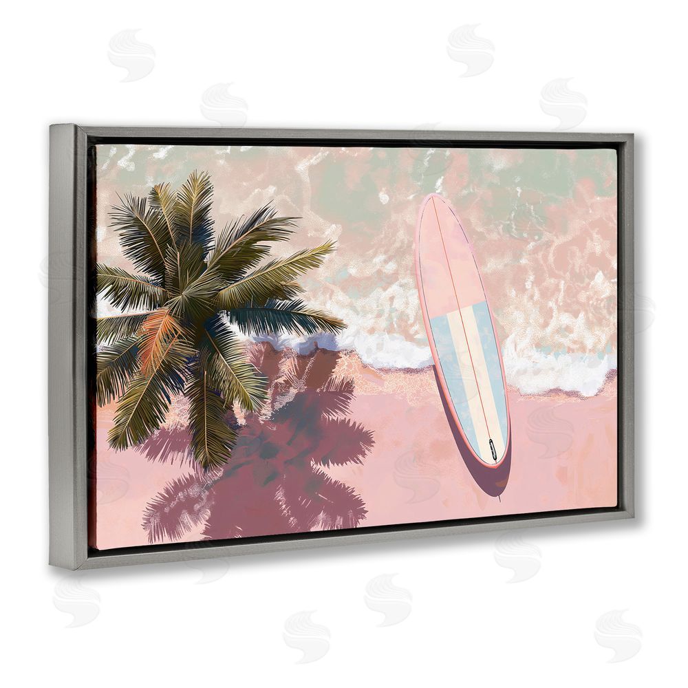 Jacky Ngan Blush Pink Surfboard & Palm Gray Floating Frame Canvas Wall Art Print