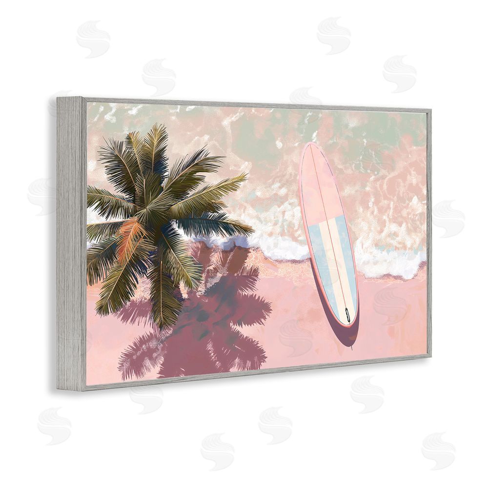Jacky Ngan Blush Pink Surfboard & Palm Gray Framed Giclee Wall Art Print