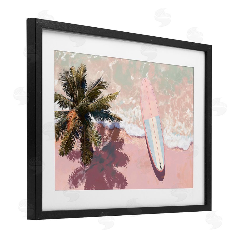 Jacky Ngan Blush Pink Surfboard & Palm Black Framed Print Under Glass Wall Art