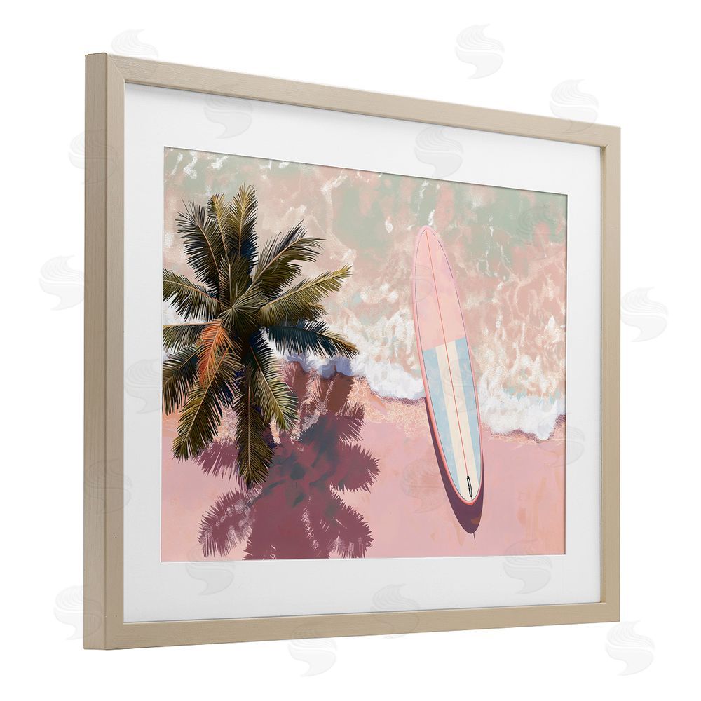 Jacky Ngan Blush Pink Surfboard & Palm Brown Framed Print Under Glass Wall Art