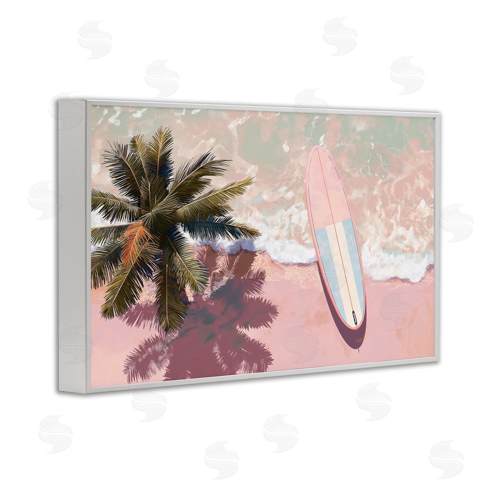 Jacky Ngan Blush Pink Surfboard & Palm White Framed Giclee Wall Art Print