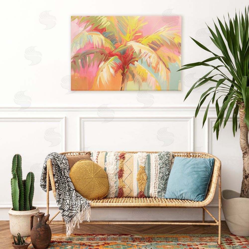 Jacky Ngan Warm Palm Leaf Impressions Stretched Canvas Wall Art in Room
