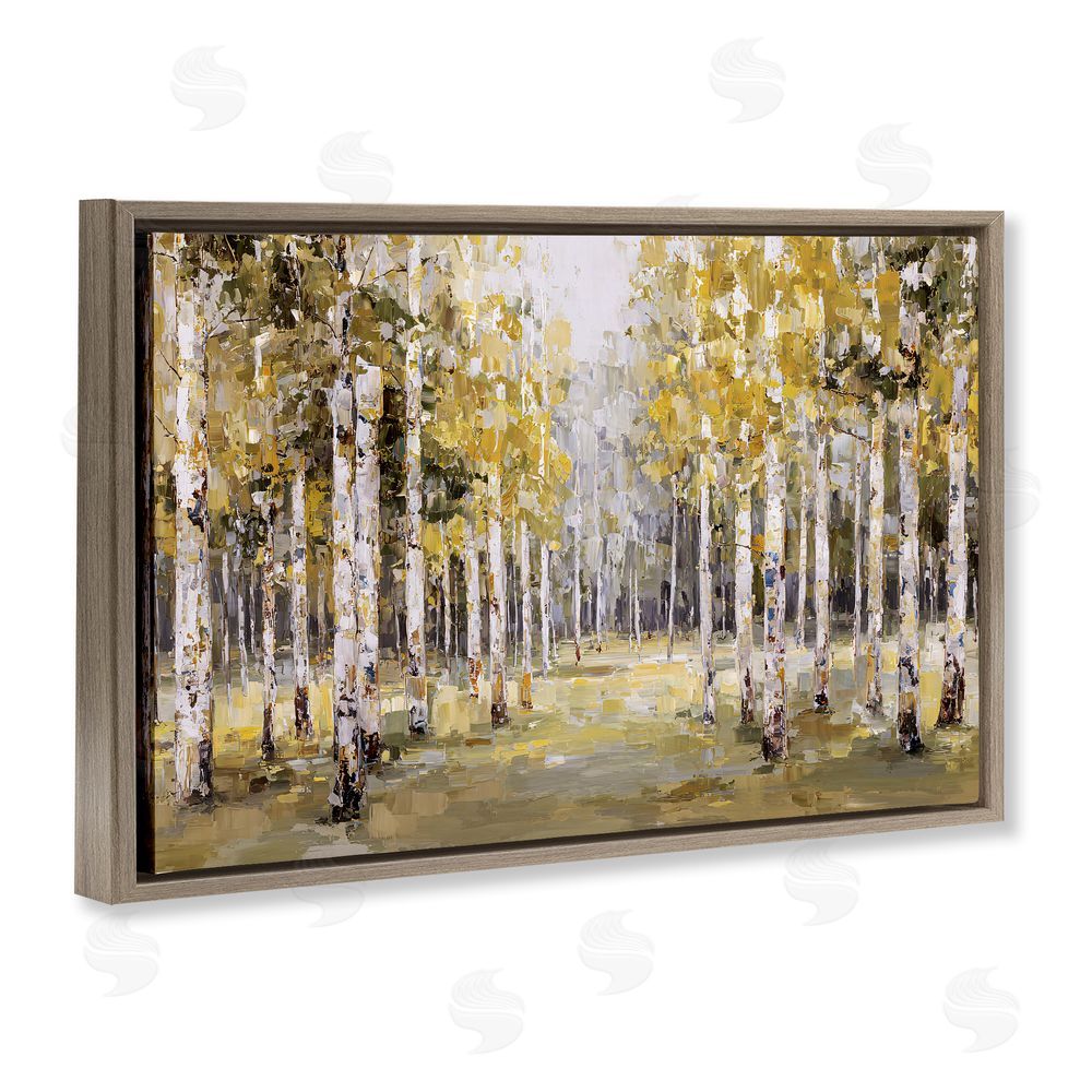 Jacky Ngan Impressionist Birch Trees & Fall Leaves Brown Floating Frame Canvas Wall Art Print