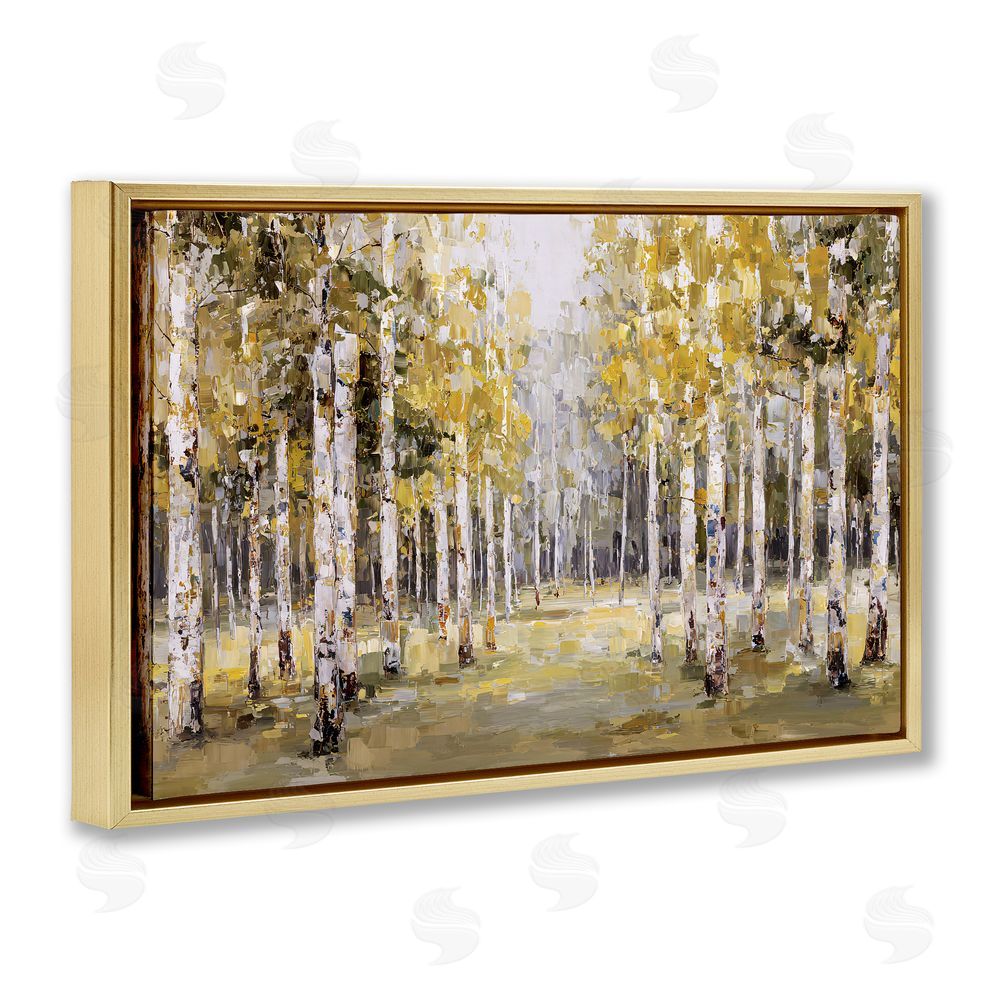 Jacky Ngan Impressionist Birch Trees & Fall Leaves Gold Floating Frame Canvas Wall Art Print
