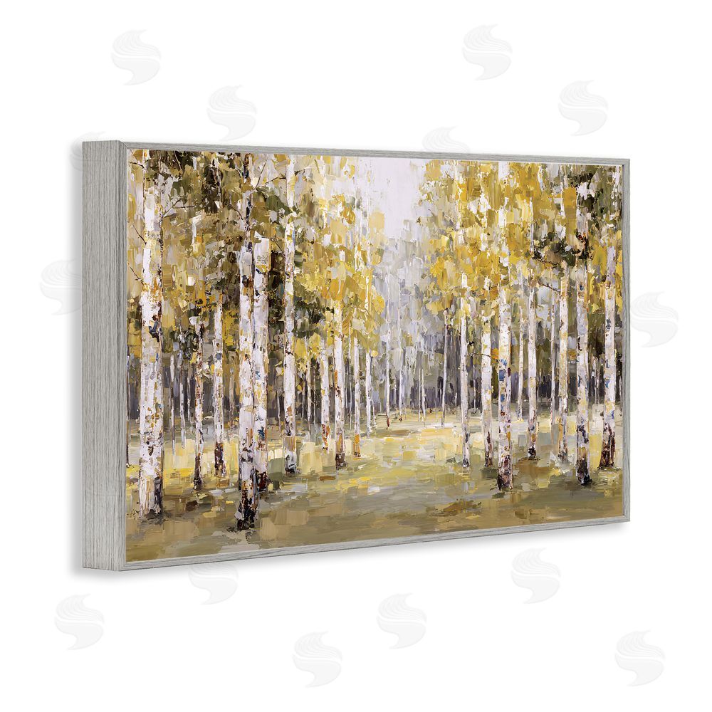 Jacky Ngan Impressionist Birch Trees & Fall Leaves Gray Framed Giclee Wall Art Print