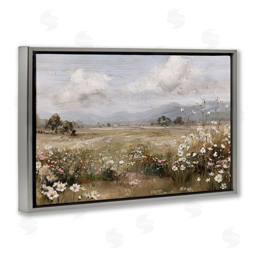 Jacky Ngan Daisy Clusters in Field Gray Floating Frame Canvas Wall Art Print