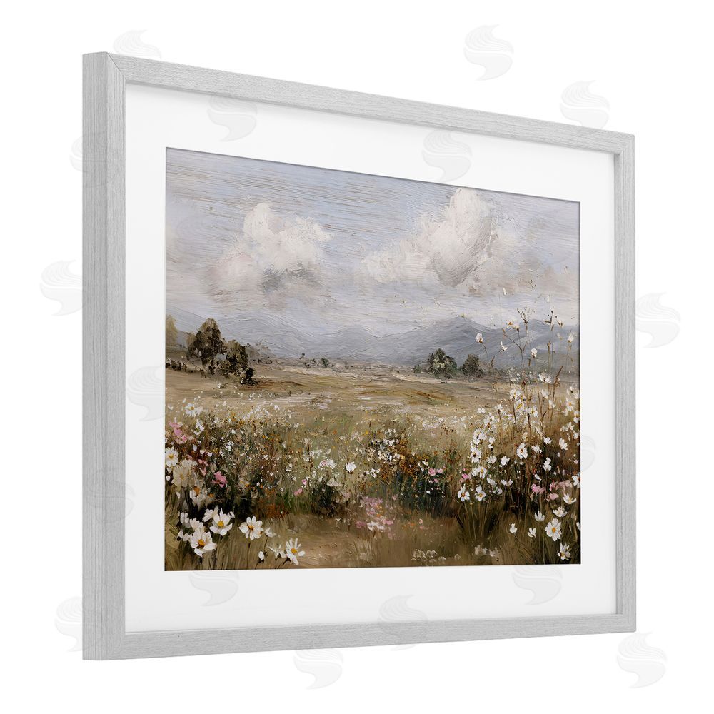 Jacky Ngan Daisy Clusters in Field Gray Framed Print Under Glass Wall Art