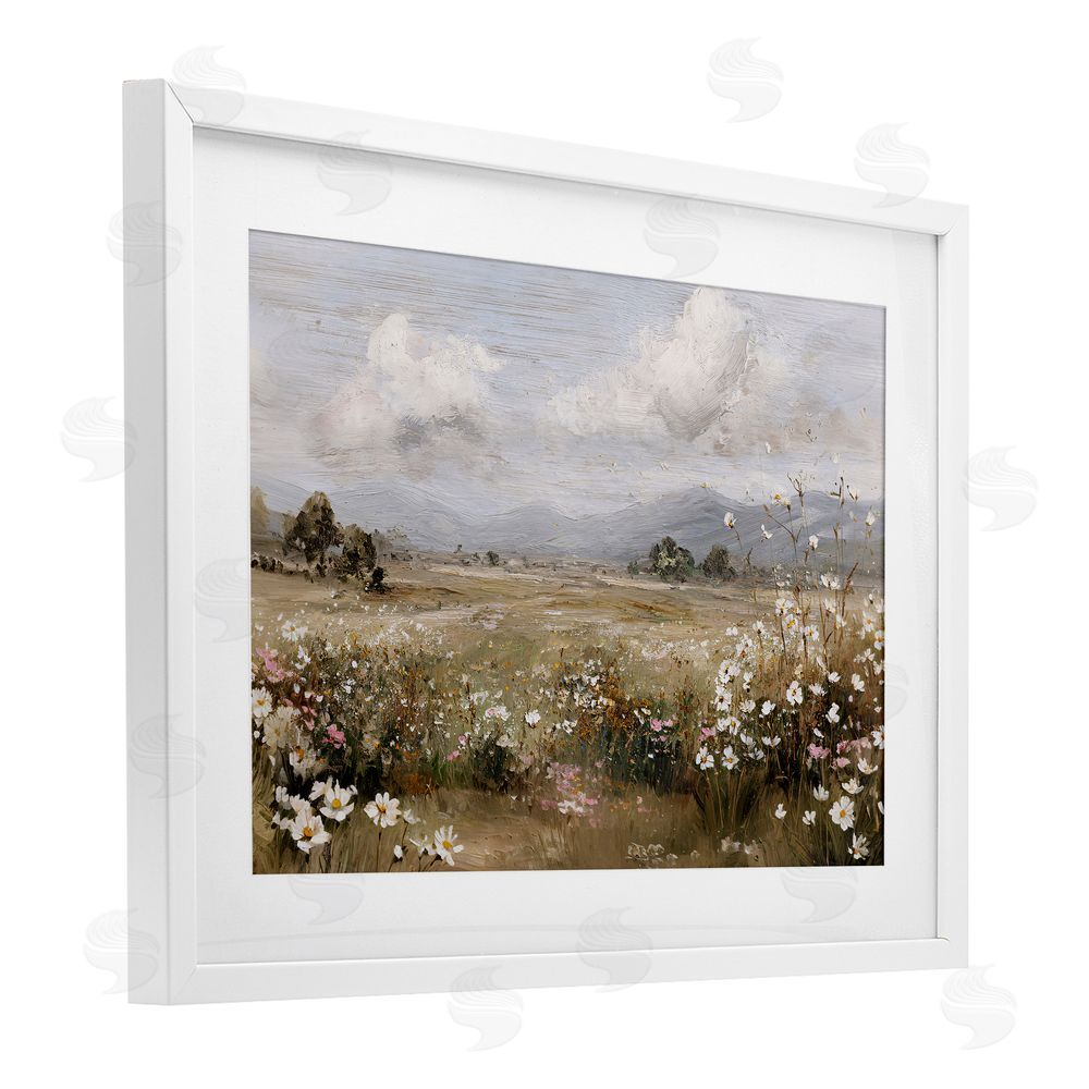 Jacky Ngan Daisy Clusters in Field White Framed Print Under Glass Wall Art