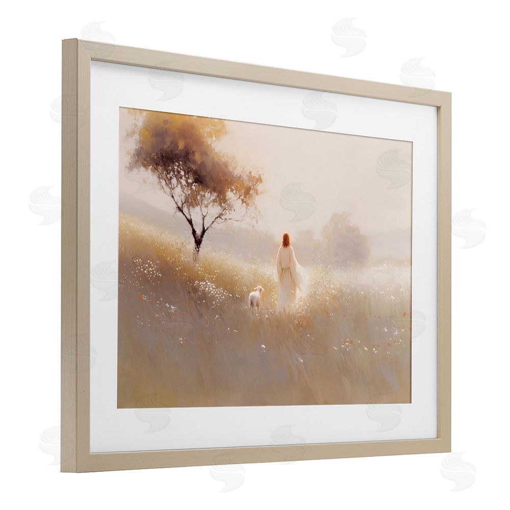 Jacky Ngan Spiritual Shepherd & Lamb Brown Framed Print Under Glass Wall Art