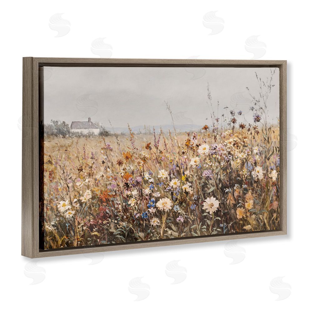Jacky Ngan Quaint Cottage Meadow Brown Floating Frame Canvas Wall Art Print