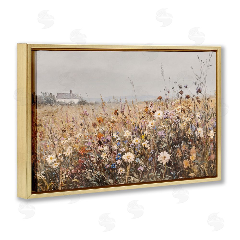Jacky Ngan Quaint Cottage Meadow Gold Floating Frame Canvas Wall Art Print