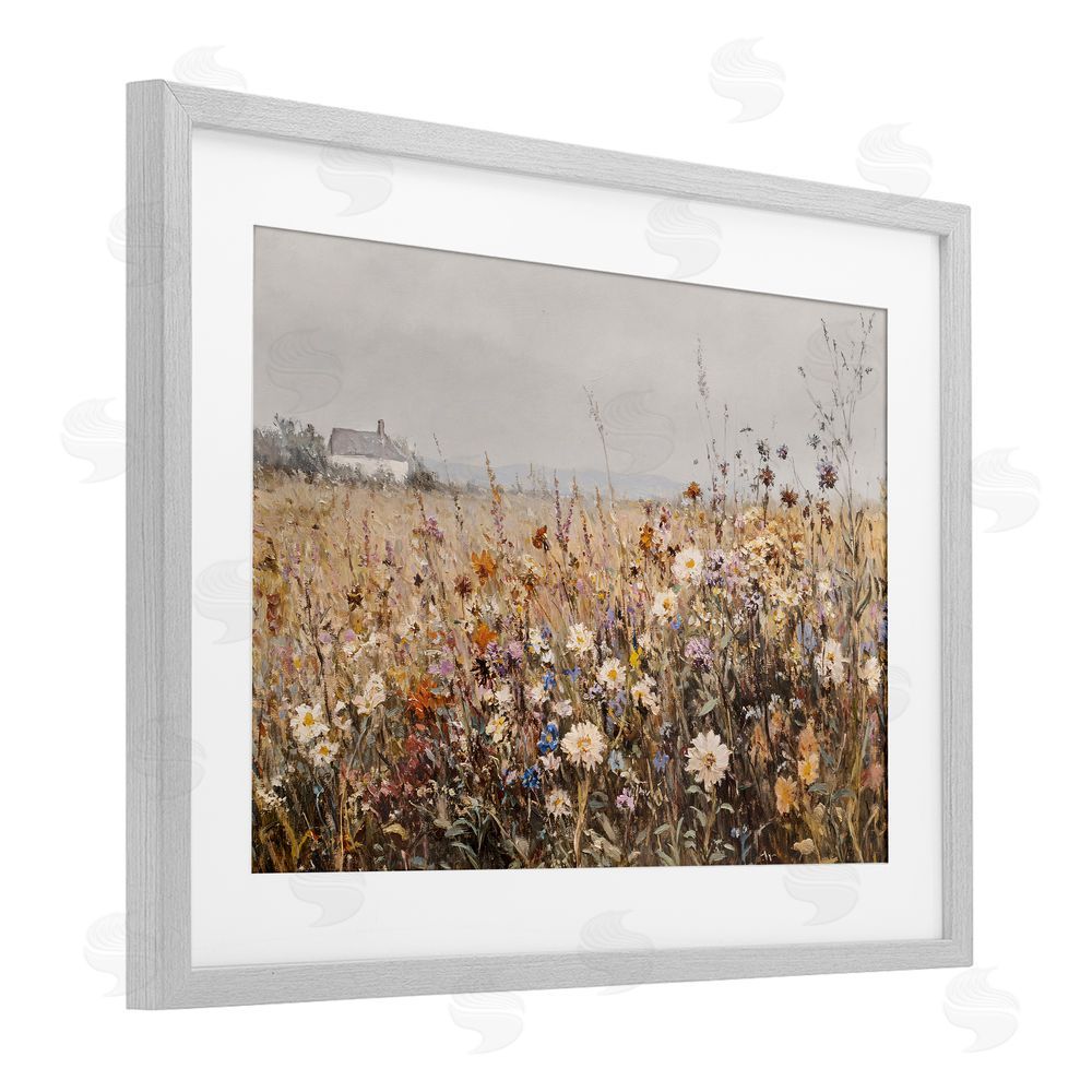 Jacky Ngan Quaint Cottage Meadow Gray Framed Print Under Glass Wall Art
