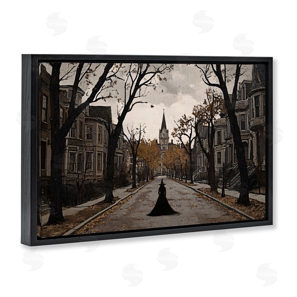 Jacky Ngan Witch Strolling Town Streets Black Floating Frame Canvas Wall Art Print