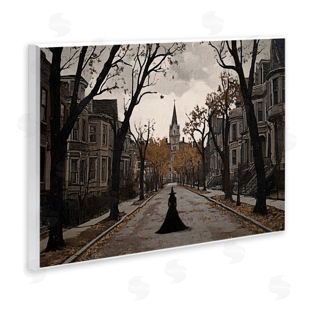 Jacky Ngan Witch Strolling Town Streets Wooden Wall Plaque Art Print