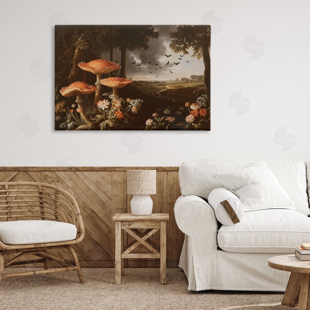 Jacky Ngan Bats in Autumn Forest Stretched Canvas Wall Art in Room