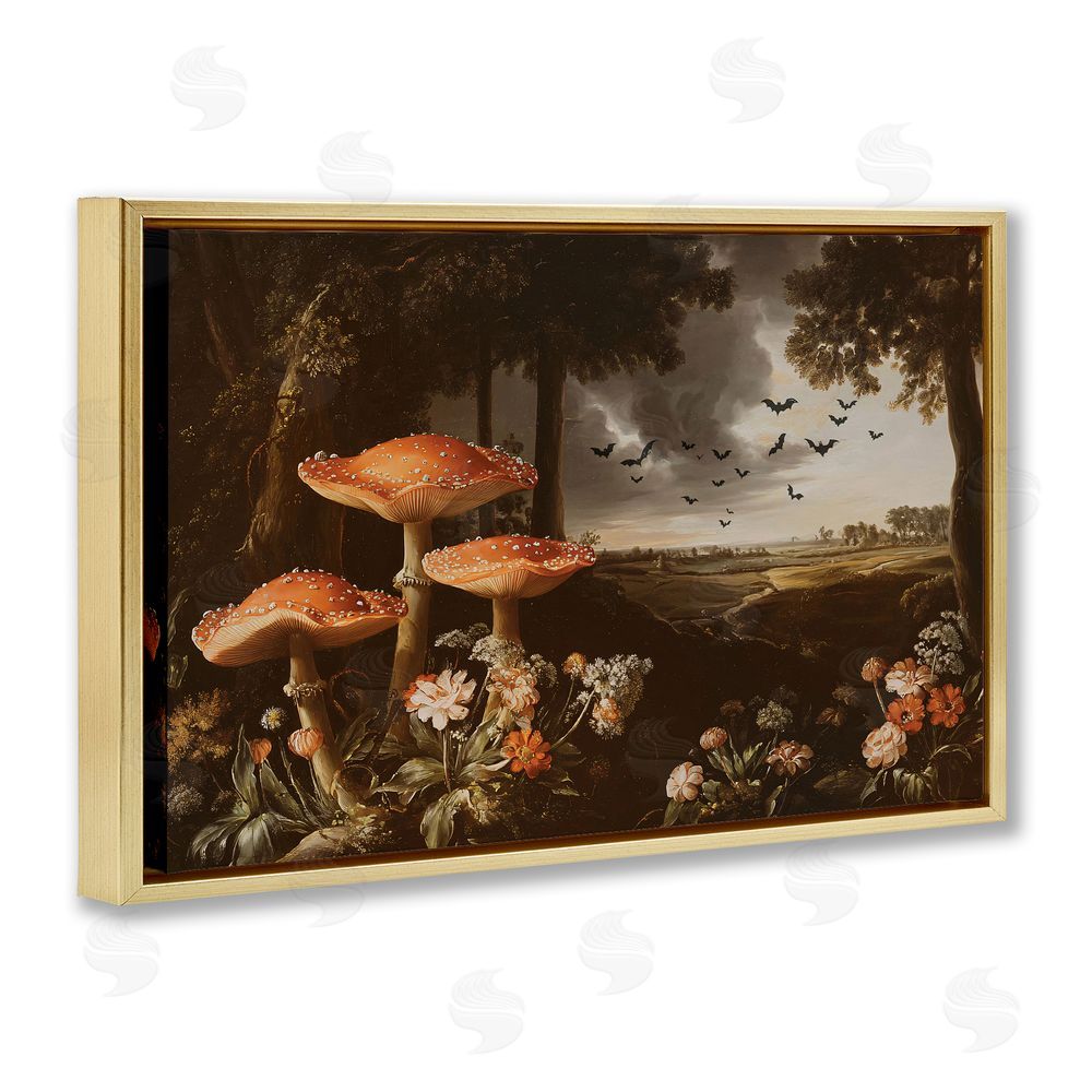 Jacky Ngan Bats in Autumn Forest Gold Floating Frame Canvas Wall Art Print