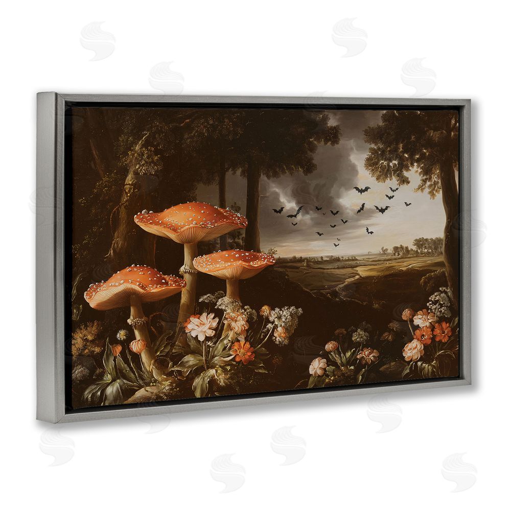 Jacky Ngan Bats in Autumn Forest Gray Floating Frame Canvas Wall Art Print